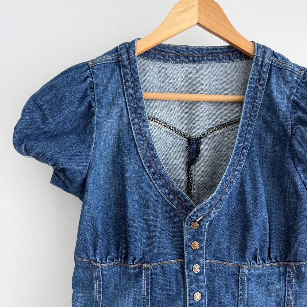 Bebe Y2K Denim Top Small Puff Sleeve Babydoll Cotton Corset Style Cottage Wester - Picture 2 of 9
